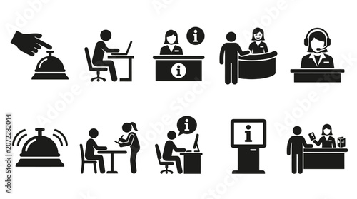 Set of black vector graphic icons depicting various hotel reception and customer service assistance tasks