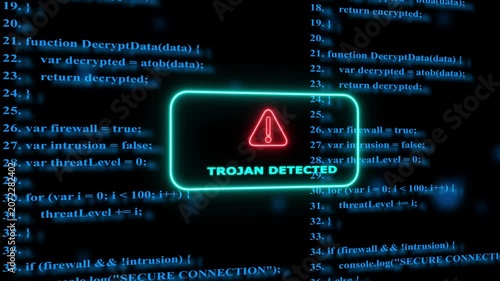 Trojan detected alert on digital code background, cybersecurity threat warning, animation malware virus