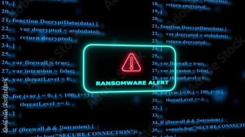 Ransomware alert cyber security warning with digital code background, data breach hacking, malware