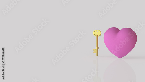 Golden Key and Pink Heart on Minimal Background 3d render.