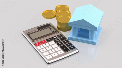 Blue Bank Building With Calculator And Gold Coins Concept 3d render.