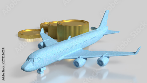 Blue Passenger Airplane With Gold Coins Travel Finance Concept 3d render.