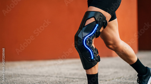 Active person outdoors wearing a high-tech carbon fiber knee brace with blue LED lighting while walking, rehabilitation and sports medicine technology concept.
