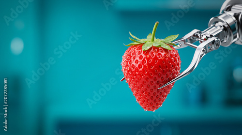 Robotic arm holding a fresh red strawberry with precision against blurred teal background with copy space, food technology and automation concept.