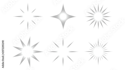 Set of six unique sparkling star icons and glowing light burst elements isolated on a white background