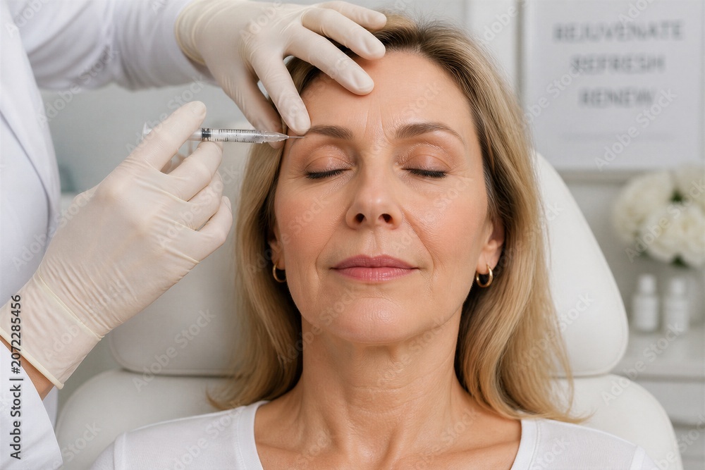 Naklejka premium Middle aged woman receiving facial injection in clinic