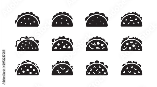 Mexican Taco Icons Set Featuring Filled Tortilla Snacks, Street Food and Fast Food Symbols