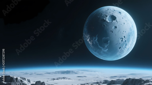 Gray blue cratered planet in deep space