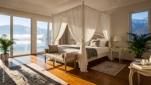 Luxurious bedroom with canopy bed serene lake view and natural light in modern luxury villa interior