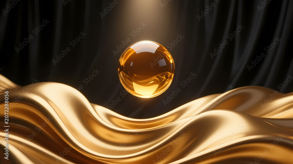 Obraz premium Amber sphere floating on golden waves