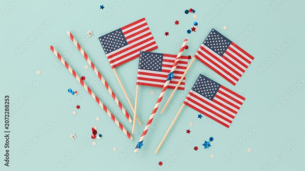 Fototapeta premium American flags with striped drinking straws and colorful confetti scattered on a light blue background for patriotic holiday celebration