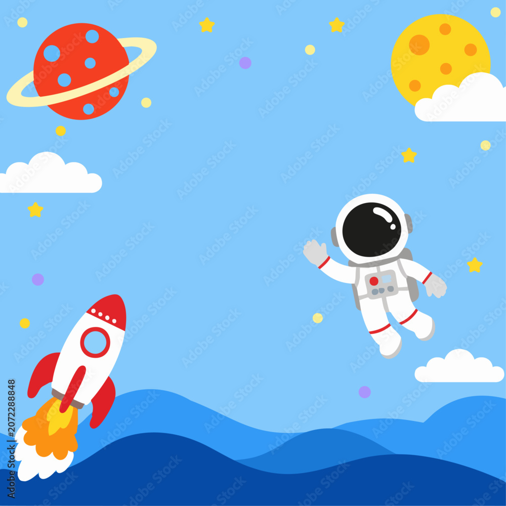 Obraz premium Cute Astronaut Background with Rocket, Planets and Cosmic Landscape