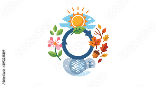 Circular Four Seasons Cycle Illustration with Spring Summer Autumn and Winter Icons
