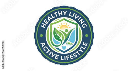 Circular Healthy Living and Active Lifestyle Shield Emblem with Nature and Fitness Icons