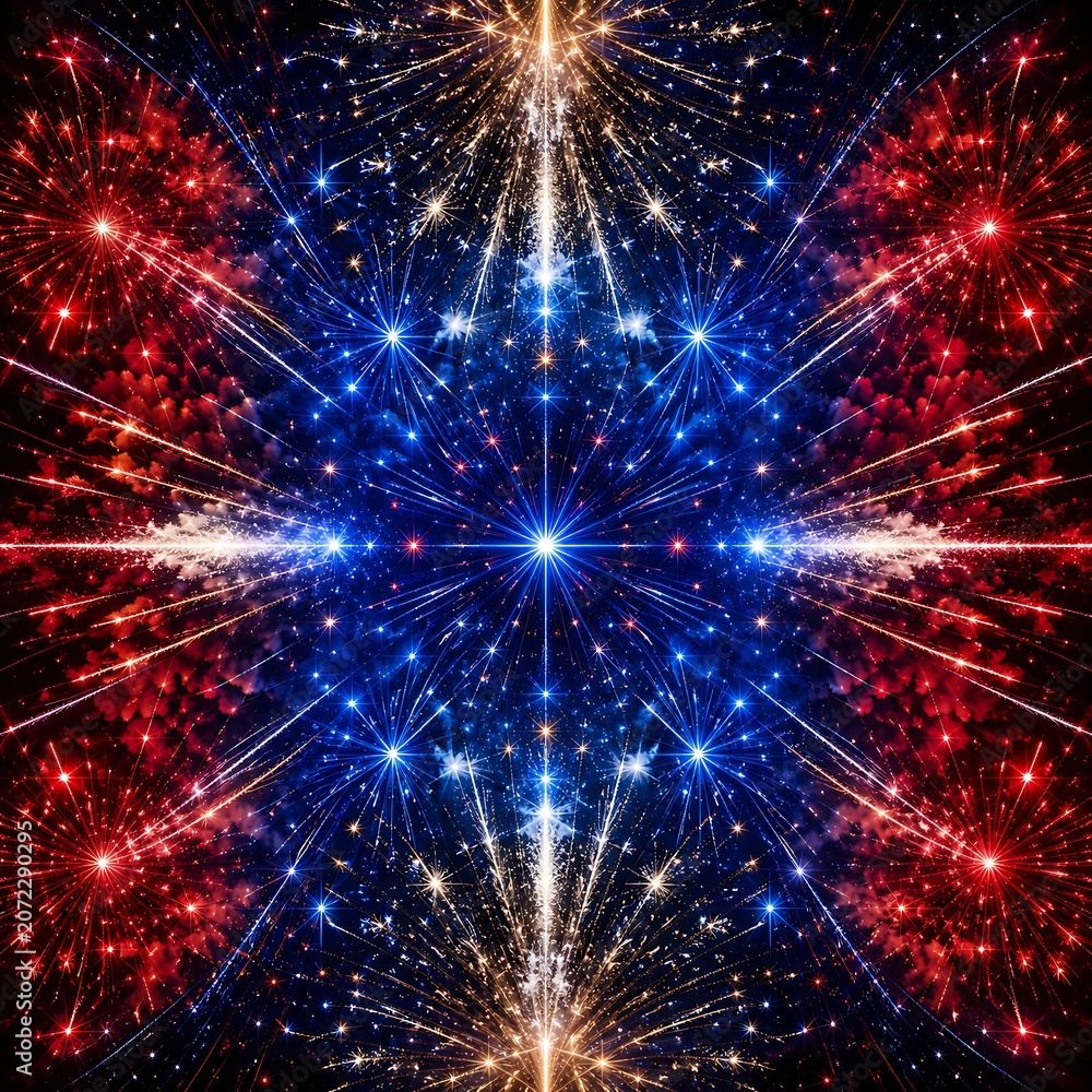 Fototapeta premium Symmetrical Red White and Blue Fireworks Star Burst Pattern on Dark Night Sky – Abstract Fourth of July Independence Day Patriotic Background