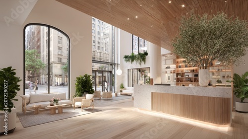 Sleek urban therapy reception inside a highrise with a warmly lit front counter in focus blurred minimalist seating and tall plants enhancing a modern calming space.