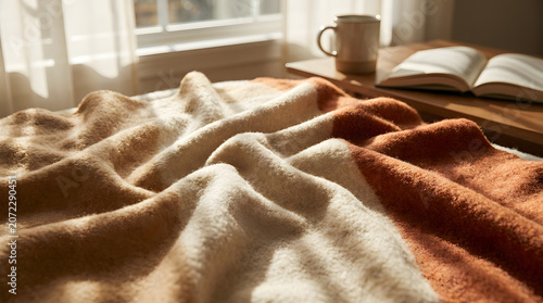 Aesthetic bedroom scene featuring a warm toned blanket, a book, and a cup of coffee on a wooden table by the window. Hygge lifestyle, slow morning, and relaxation concept for home wellness.