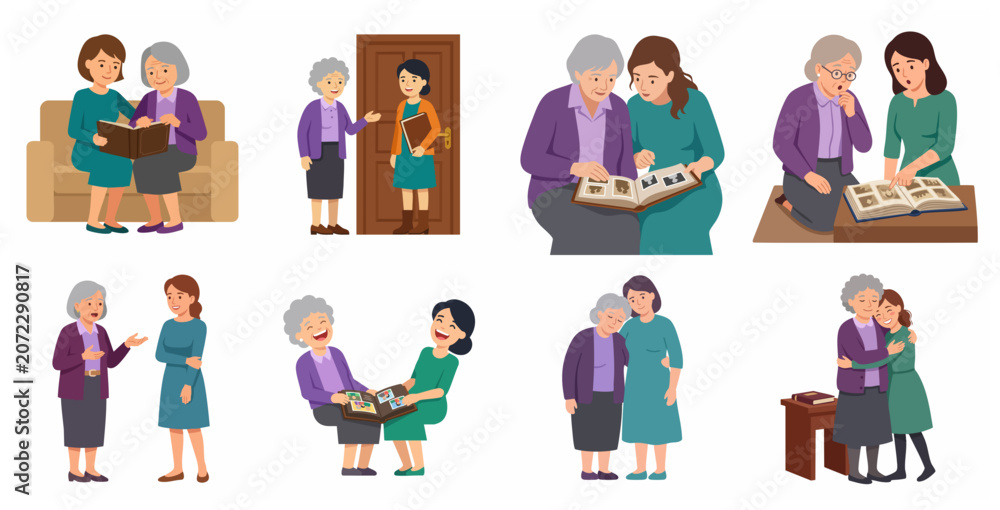 Fototapeta premium Collection of illustrations showing a young woman and elderly grandmother bonding over photo albums, talking, and hugging.