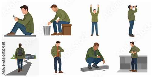 Set of flat vector illustrations showing a man in diverse poses and daily life activities
