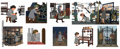 Photos Set of Flat Illustrations Depicting Historical Child Labor in 19th Century Facto