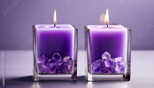 two square purple candles burning in glass holder with crystals