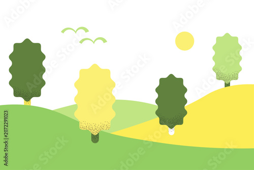 Scenery with trees, sun, background, birds, yellow, green, white, vector illustration, flat, calming atmosphere
