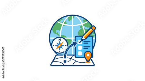 Global Travel Planning and Navigation Concept with Map Compass and Checklist Illustration