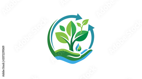 Green Ecology Concept with Hand Holding Growing Plant and Recycling Arrows