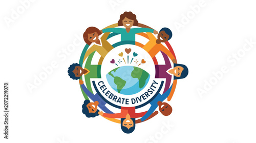 Group of diverse people holding hands around the world globe celebrating diversity and unity