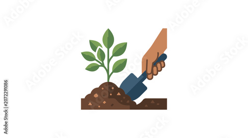 Hand planting a young green seedling in fertile soil with a shovel