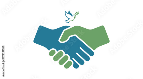 Handshake with Flying Peace Dove and Olive Branch Symbolizing Unity and Agreement