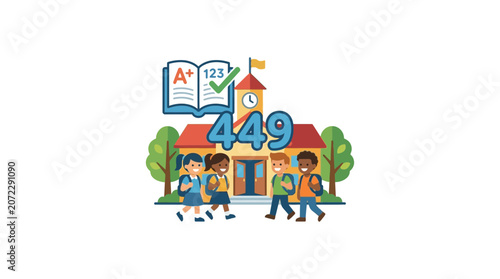 Happy Diverse Children Walking in Front of School Building Education Concept Illustration