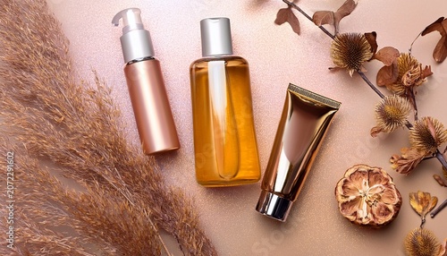 beauty products on a bright and glossy background with brranches of flowers and dried leaves