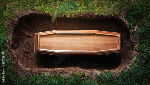 top above view of wooden coffin casket buried in the hole in the ground death funeral at the graveyard grief and sorrow