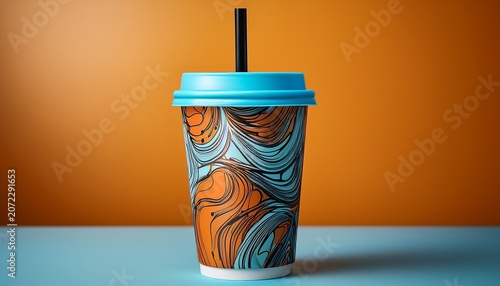 vibrant abstract pattern on a paper cup with a light blue lid and a black straw