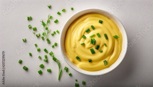 overhead view of yellow creamy sauce with chives in white bowl