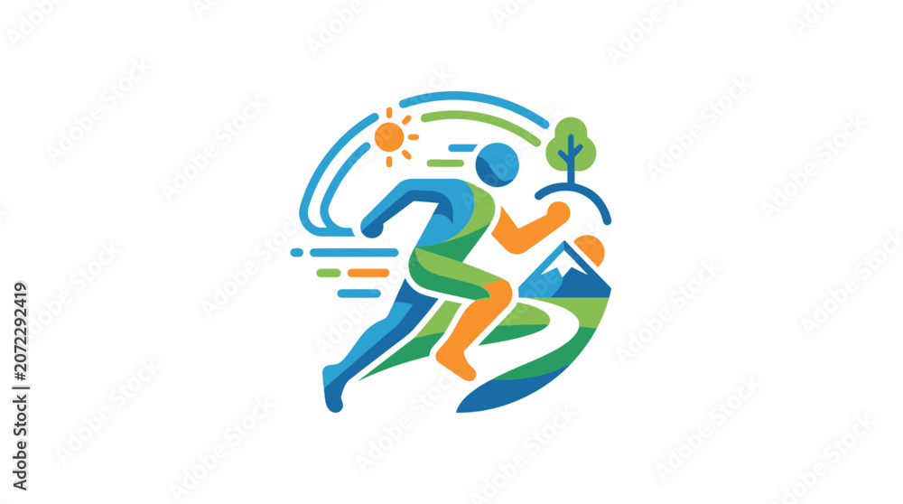 Fototapeta premium Dynamic Athlete Runner Jogging Through Nature Landscape with Mountains and Sun