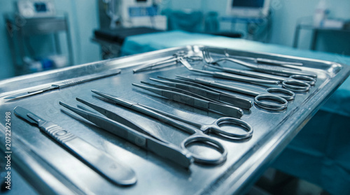 Photos Surgical Instruments Arranged on Tray in Operating Room