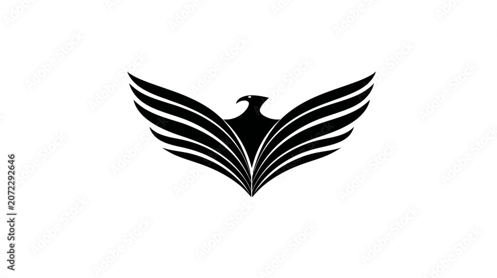 Fototapeta premium Abstract black eagle or phoenix bird silhouette with powerful spread wings, flying. Strong stylized graphic design element, symbol of freedom, strength, and power.