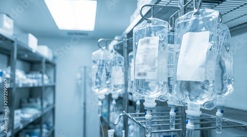 Bild auf Leinwand Medical intravenous fluid bags hanging in a hospital storage room