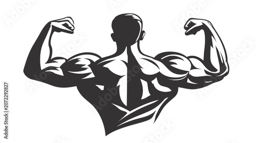 Powerful muscular man flexing bicep and back muscles. Strong bodybuilder silhouette illustration for fitness, strength, and power.