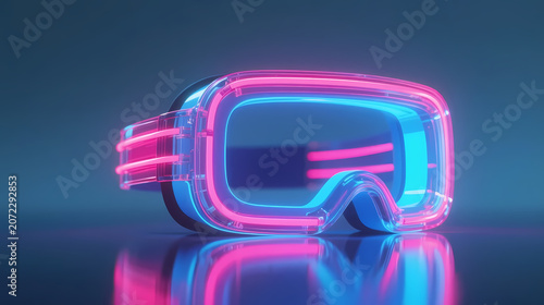 Futuristic neon goggles on reflective surface