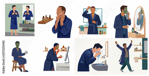 Photos Collection of men's skincare and grooming routine illustrations, including washi