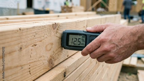 Moisture meter reading on stacked lumber at construction site, hand checking wood humidity level, building materials inspection, carpentry quality control, timber drying process, onsite measurement