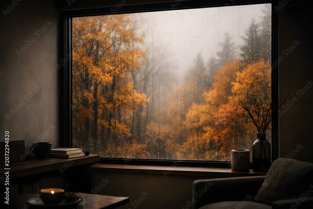Fototapeta premium cozy interior view of an autumn forest through a large window, creating a serene and atmospheric mood.