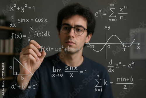 Obraz na płótnie Young man solving math equations on transparent board
