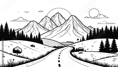 Black and white road landscape scene.