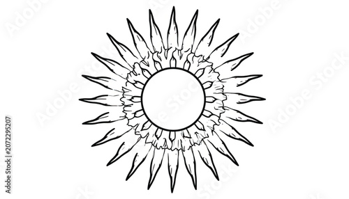 Black and white sun illustration symbol.