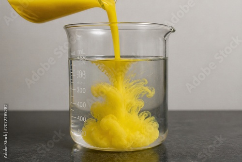 Yellow liquid swirling as it is poured into glass beaker
