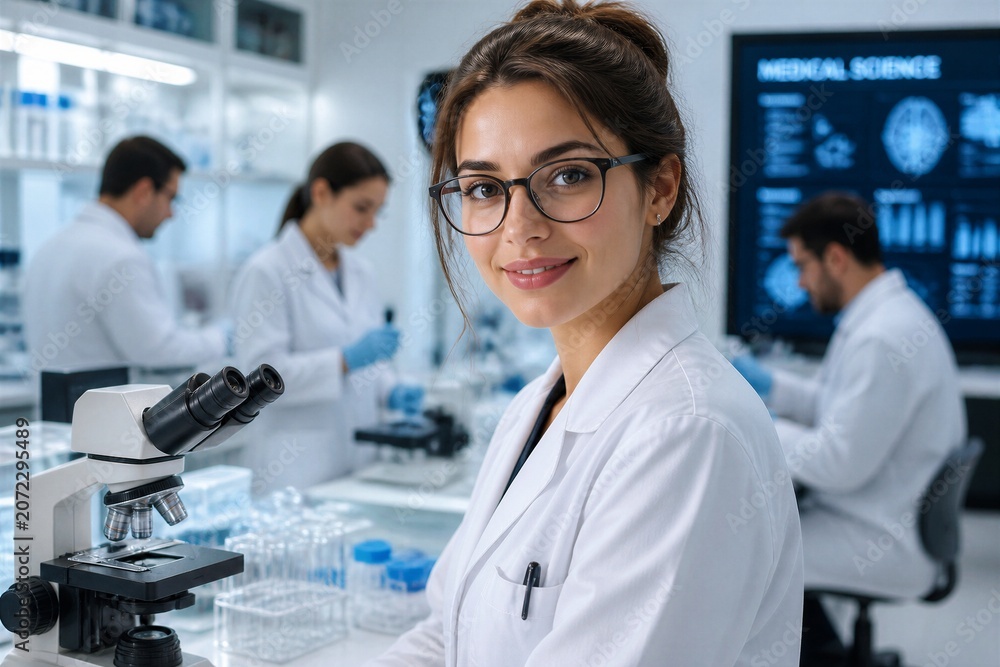 Fototapeta premium Young female scientist smiling while working in laboratory